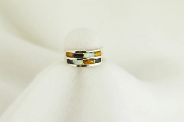 Sterling silver tiger eye, black onyx and white opal inlay ring. R036