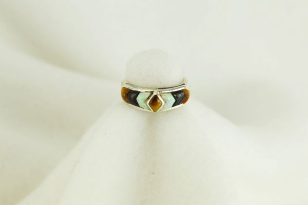 Sterling silver tiger eye, black onyx and white opal inlay ring. R038