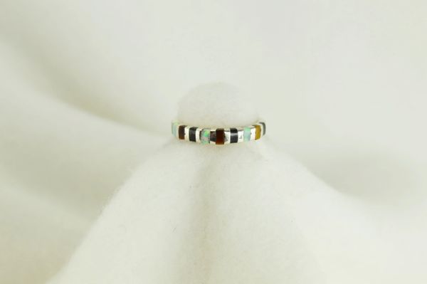 Sterling silver tiger eye, black onyx and white opal inlay ring. R042