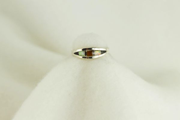 Sterling silver tiger eye, black onyx and white opal inlay ring. R043
