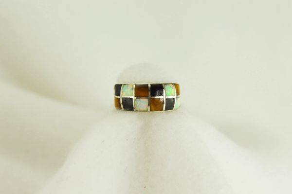 Sterling silver tiger eye, black onyx and white opal inlay ring. R047