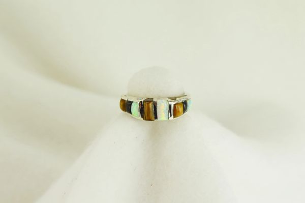Sterling silver tiger eye, black onyx and white opal inlay ring. R048