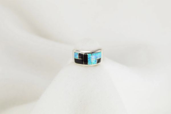 Sterling silver black onyx and blue opal inlay ring. R050