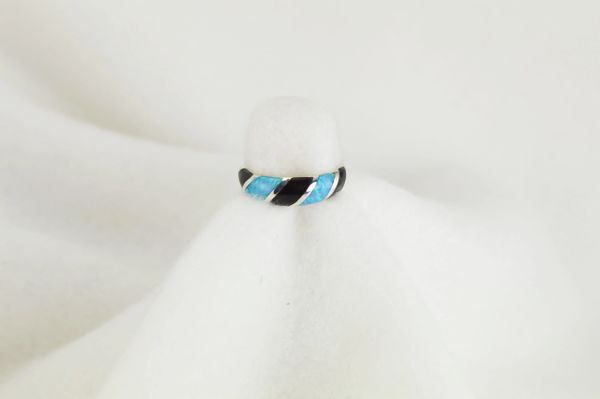 Sterling silver black onyx and blue opal inlay ring. R051