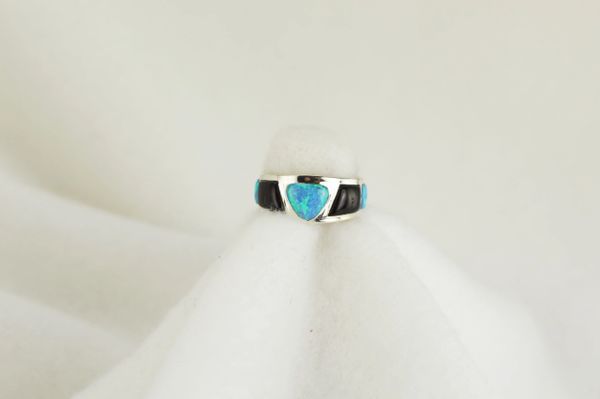 Sterling silver black onyx and blue opal ring. R052
