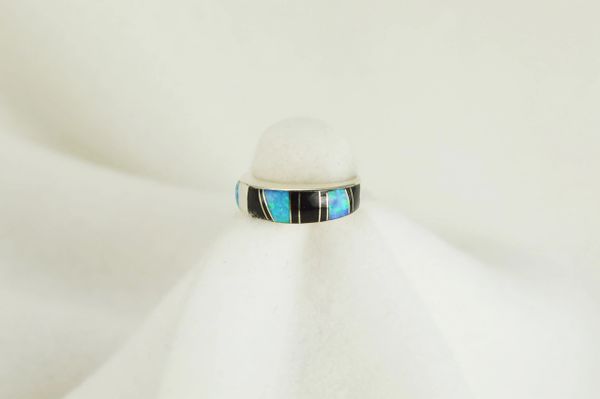 Sterling silver black onyx and blue opal inlay ring. R058