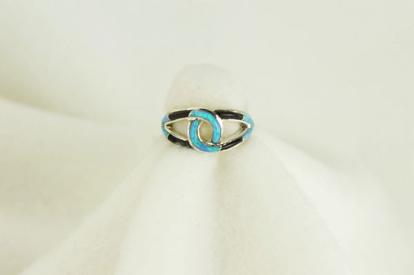 Sterling silver black onyx and blue opal inlay ring. R060