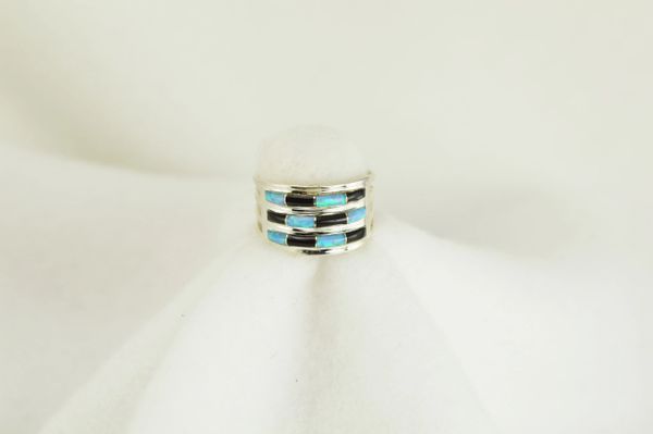 Sterling silver black onyx and blue opal inlay ring. R066