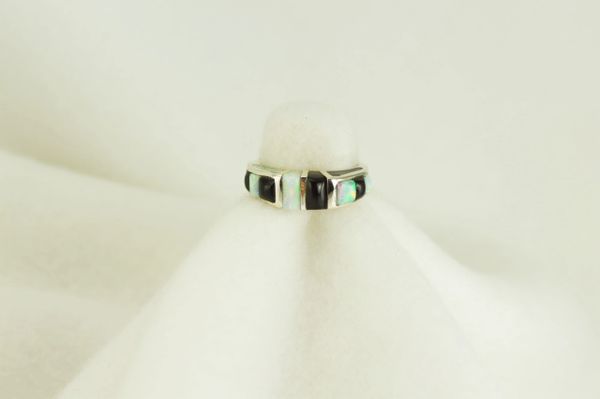 Sterling silver black onyx and white opal inlay ring. R068