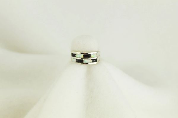 Sterling silver black onyx and white opal inlay ring. R071