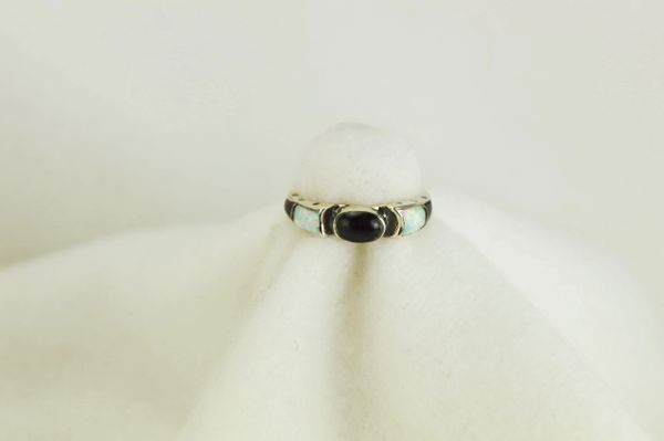 Sterling silver black onyx and white opal inlay ring. R073
