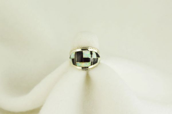 Sterling silver black onyx and white opal inlay ring. R079