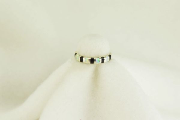 Sterling silver black onyx and white opal inlay ring. R081