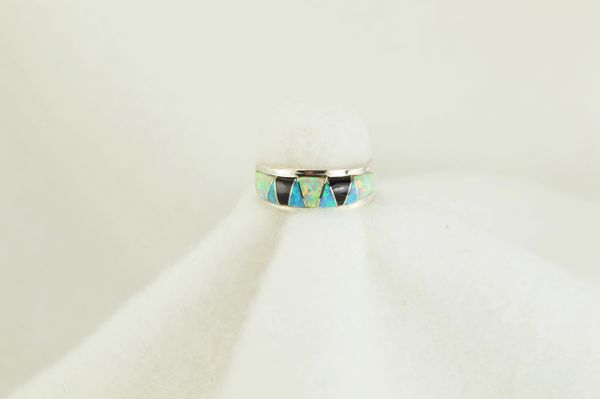Sterling silver white opal, blue opal and black onyx inlay ring. R111