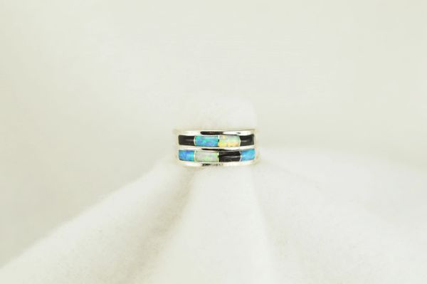 Sterling silver white opal, blue opal and black onyx inlay ring. R116