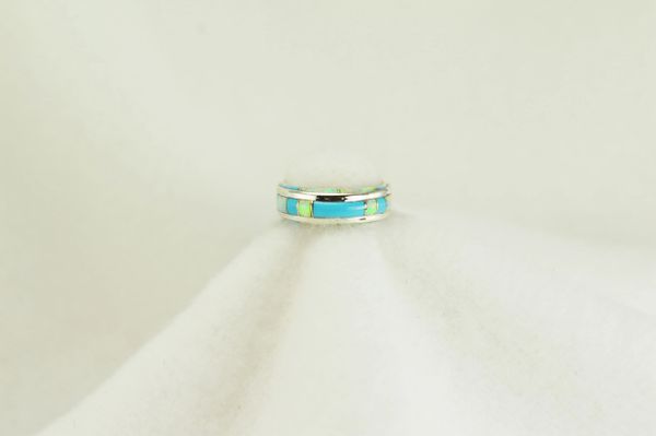 Sterling silver turquoise and white opal inlay ring. R126