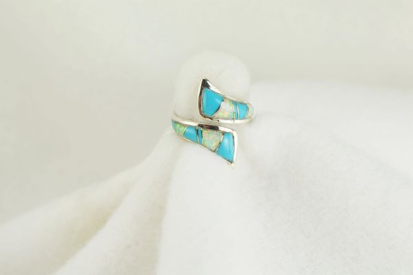 Sterling silver turquoise and white opal inlay ring. R132