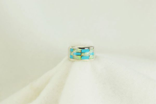 Sterling silver turquoise and white opal inlay ring. R138