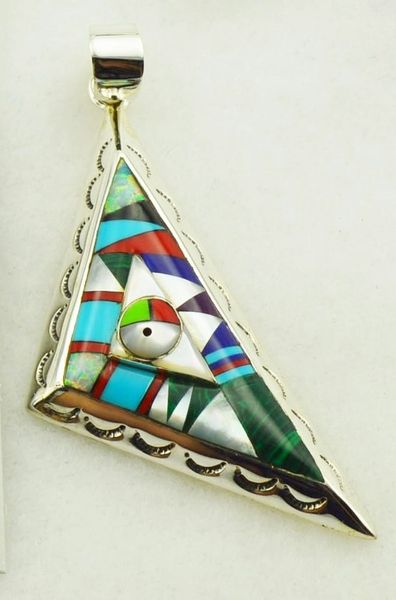 Sterling silver multi color inlay fancy triangle pendant. P005