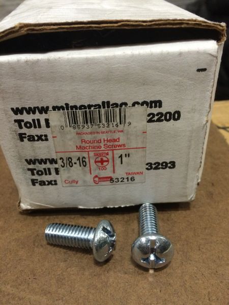 1 BOX OF 100 MINERALLAC CULLY MACHINE SCREWS 3/8"-16 x 1" NEW