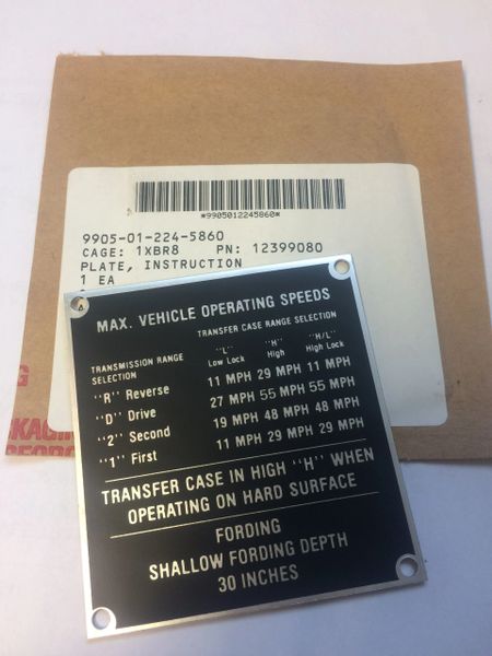 M998 A1 ID PLATE OPERATING INSTRUCTION PLATE 12399080, 9905-01-224-5860 NOS