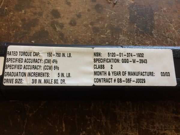 CDI 150-750 IN-LB TORQUE WRENCH GGG-W-2843 NEW