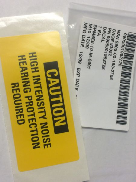 M998 CAUTION, HIGH INTENSITY NOISE ID PLATE 11643398, 9905-00-198-2728 NOS