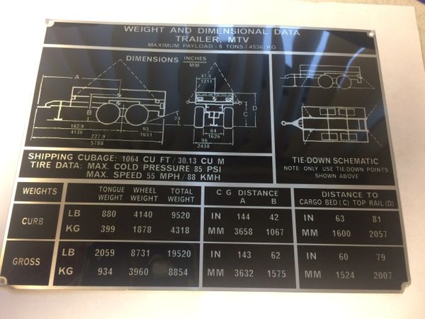 MTV TRAILER WEIGHT AND DIMENSIONAL DATA PLATE 12443090, 9905-01-479-7880 NOS