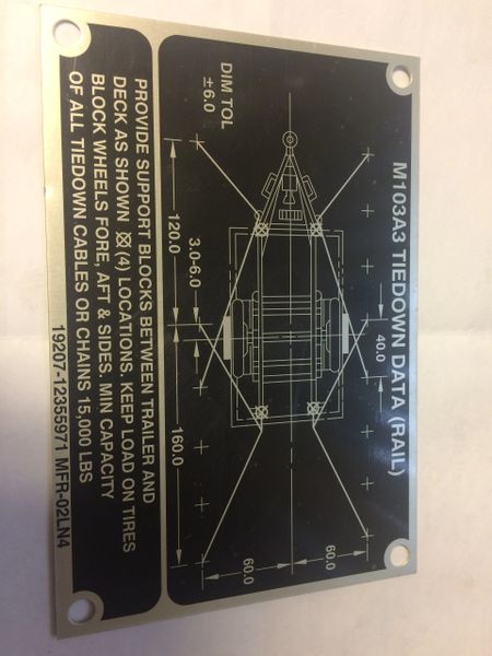 M103A3 TIEDOWN DATA (RAIL) PLATE 12355971, 9905-01-366-0634 NOS