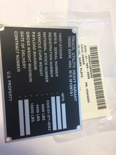 M1097A1 ID DATA PLATE 12343020, 9905-01-385-2639 NOS