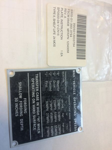M998 OPERATING INSTRUCTION PLATE 12343058, 9905-01-393-3794 NOS