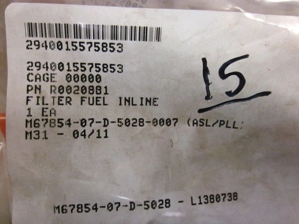 BAE INLINE FUEL FILTER R0020881, 2940-01-557-5853 NOS