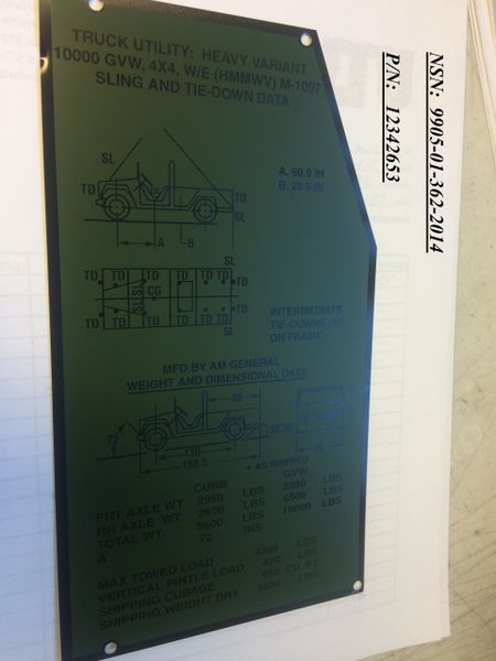 HMMWV WEIGHT AND DIMENSIONAL DATA PLATE, 12342653, 12340321, 12339987, 12340324, 12342980, 12343018, 12342991 NOS