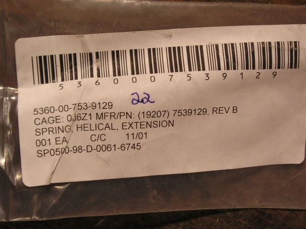 M998 HEICAL EXTENSION SPRING 7539129, 5360-00-753-9129 NOS