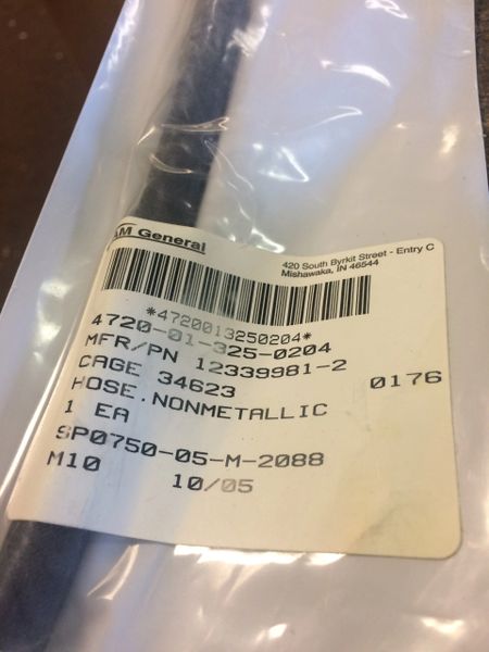 M998 VENTLINE HOSE 12339981-2, 4720-01-325-0204 NOS