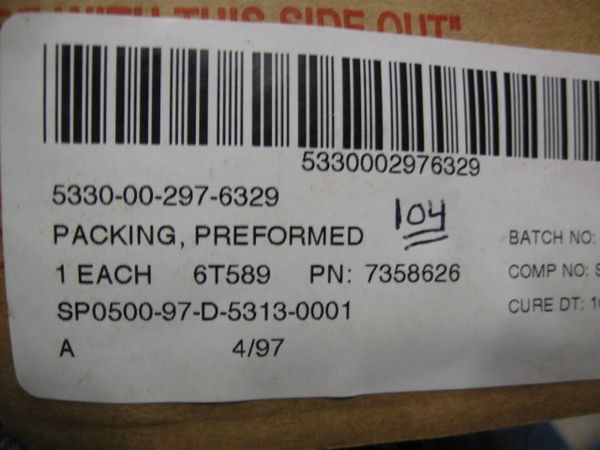 PREFORMED PACKING USED ON VARIOUS VEHICLES 7358626, 5330-00-297-6329 NOS