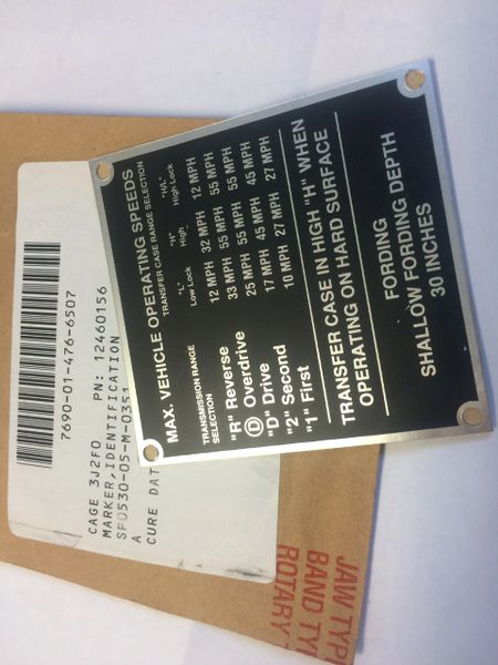 M998 OPERATING INSTRUCTION DECAL 12460156, 7690-01-476-6507 NOS