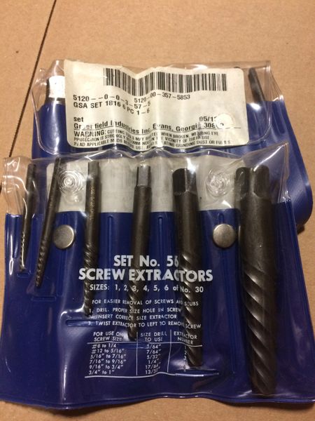 56 Screw Extractor Set Sizes 1 to 6 USA Greenfield Industries No 