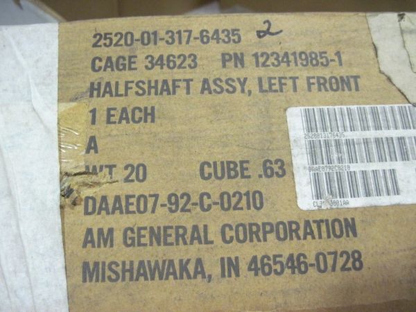 M998 L.H. FRONT HALF SHAFT 12341985-1, 2520-01-317-6435 NOS