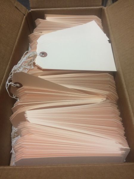 1 BOX OF 500 SHIPPING, LABELING, STRING TAGS NEW