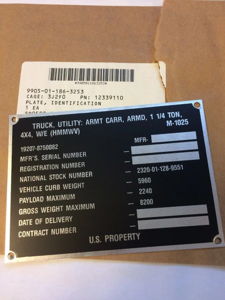 M998 VARIANT NAME ID PLATE 12339110, 9905-01-186-3253 NOS