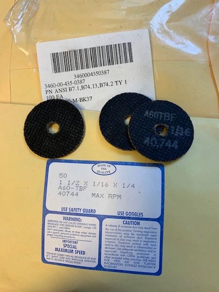 20 GRINDING DISKS 1-1/2 X 1/16 X 1/4 , 3460-00-435-0387 NOS