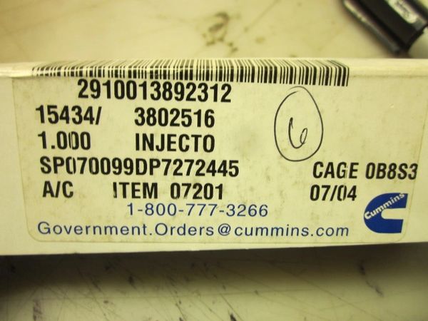 CUMMINS FUEL INJECTOR 3802516, 2910-01-389-2312 NOS