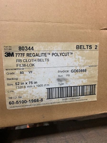 1 BOX OF 2 EA 3M 80344 CLOTH BELT 777F REGALITE POLYCUT BELTS, 52" X 75" NEW