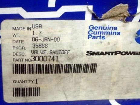 CUMMINS SHUT OFF VALVE 3000741, AR-12967, 4820-01-141-4331 NOS