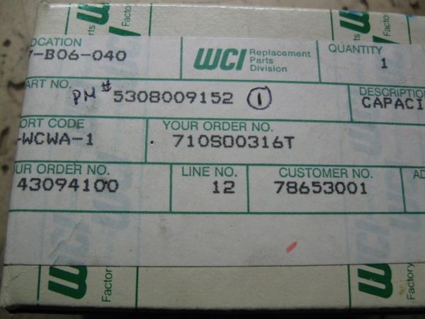 WCI RUN CAPACITOR 5308009152 NOS