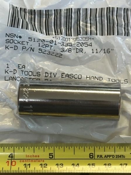 K-D TOOLS 11/16" DEEP SOCKET 3/8" DRIVE, 12 PT, 523222, 5120-01-335-2054 NEW