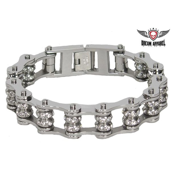 Chrome Motorcycle Chain Bracelet with Gemstones