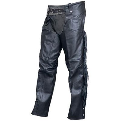 AL2403-Black Leather Braided Motorcycle Chaps Fringed