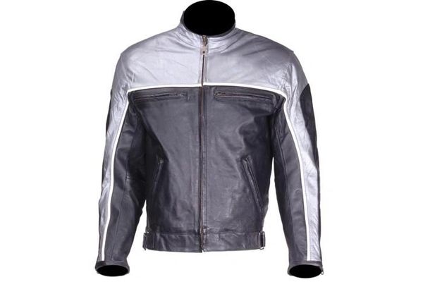 Mens Black and Silver Racer Style Motorcycle Jacket